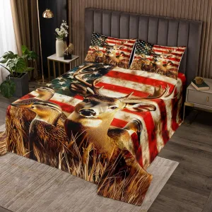American Flag Queen Quilt Set,Deer Hunting Bedspread Set for Boys Teens Kids Rustic Duck Country Cabin Jungle Coverlet Set,Farmhouse Woodland Camouflage Wildlife Animal Bed Set,Red And Blue