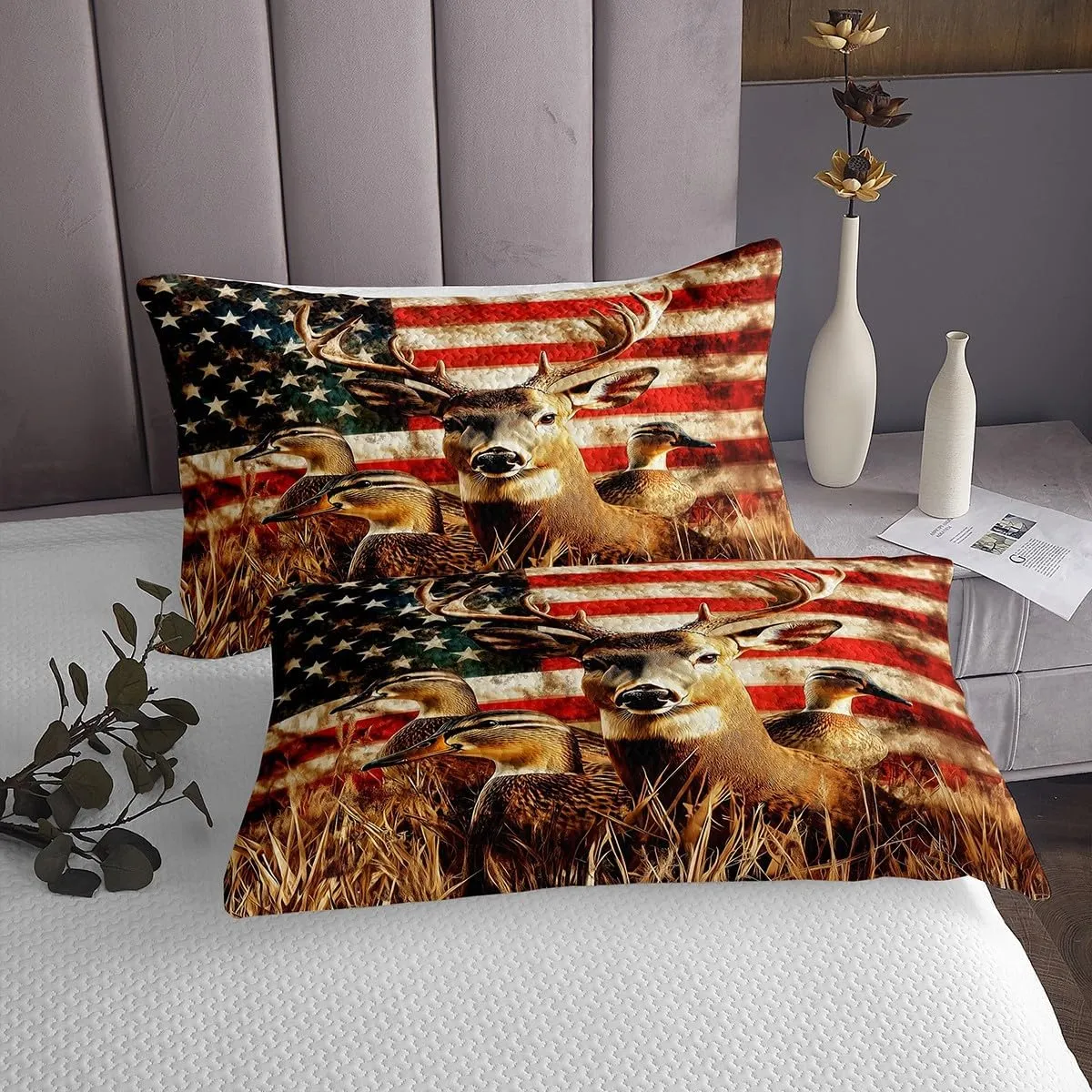 American Flag Queen Quilt Set,Deer Hunting Bedspread Set for Boys Teens Kids Rustic Duck Country Cabin Jungle Coverlet Set,Farmhouse Woodland Camouflage Wildlife Animal Bed Set,Red And Blue