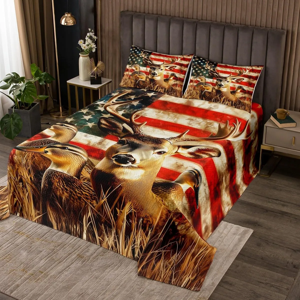 American Flag Queen Quilt Set,Deer Hunting Bedspread Set for Boys Teens Kids Rustic Duck Country Cabin Jungle Coverlet Set,Farmhouse Woodland Camouflage Wildlife Animal Bed Set,Red And Blue