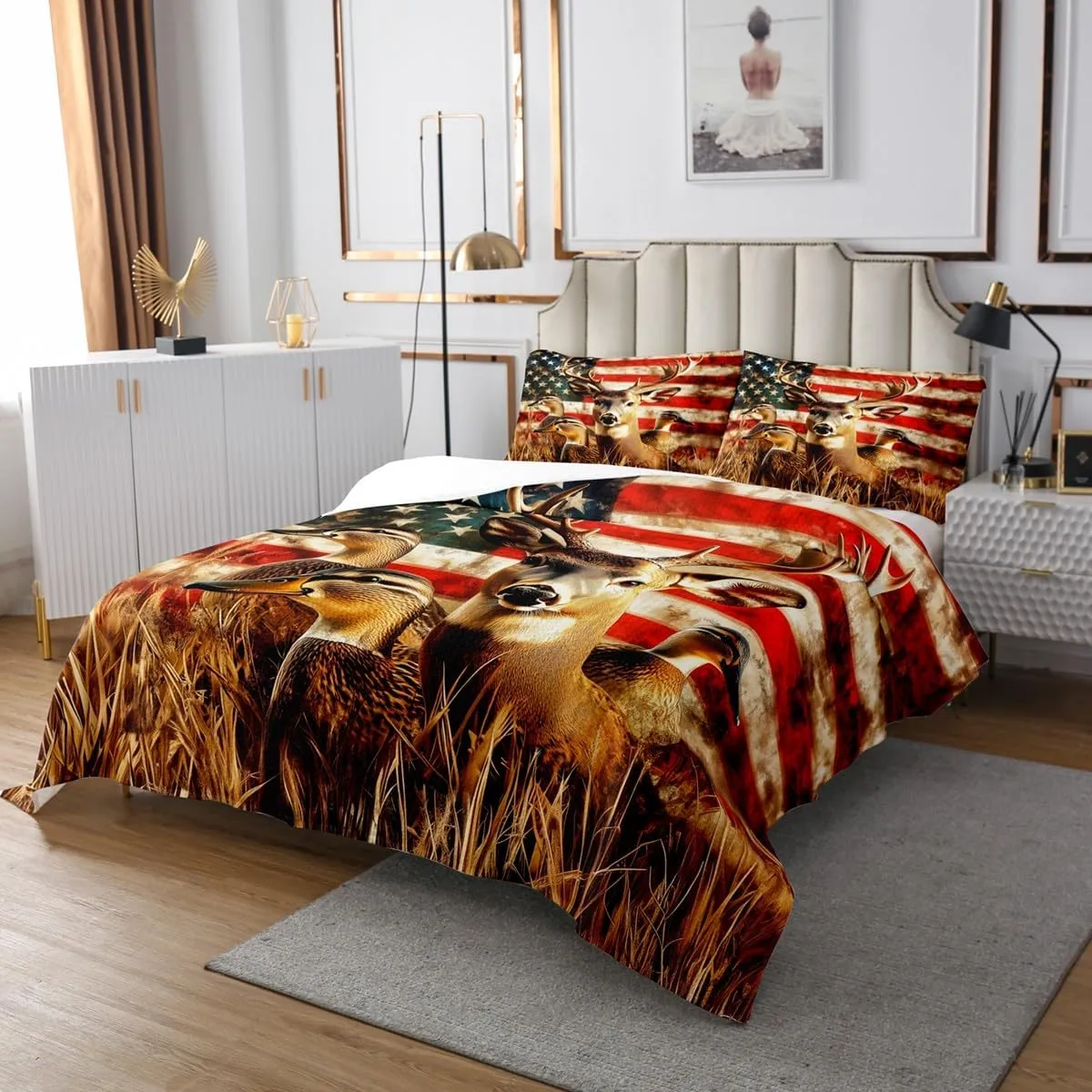 American Flag Queen Quilt Set,Deer Hunting Bedspread Set for Boys Teens Kids Rustic Duck Country Cabin Jungle Coverlet Set,Farmhouse Woodland Camouflage Wildlife Animal Bed Set,Red And Blue