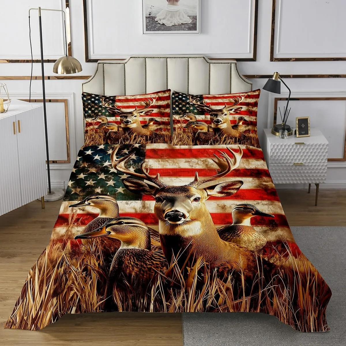 American Flag Queen Quilt Set,Deer Hunting Bedspread Set for Boys Teens Kids Rustic Duck Country Cabin Jungle Coverlet Set,Farmhouse Woodland Camouflage Wildlife Animal Bed Set,Red And Blue