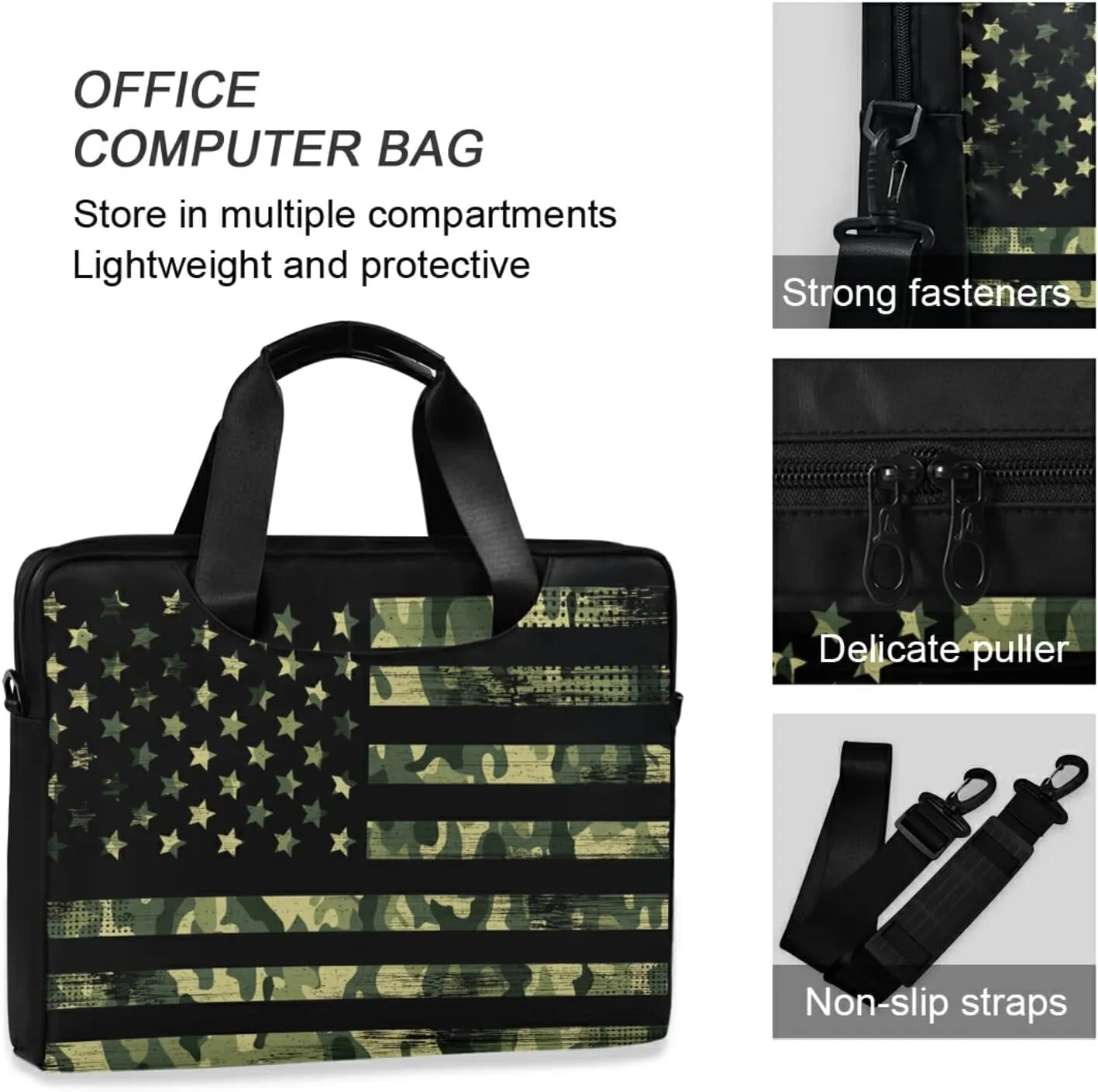 American Flag with Camouflage Grunge Laptop Bag Case 13 14 15.6 inch Laptop Messenger Bag Crossbody Briefcase for Men Women with Shoulder Strap Handle