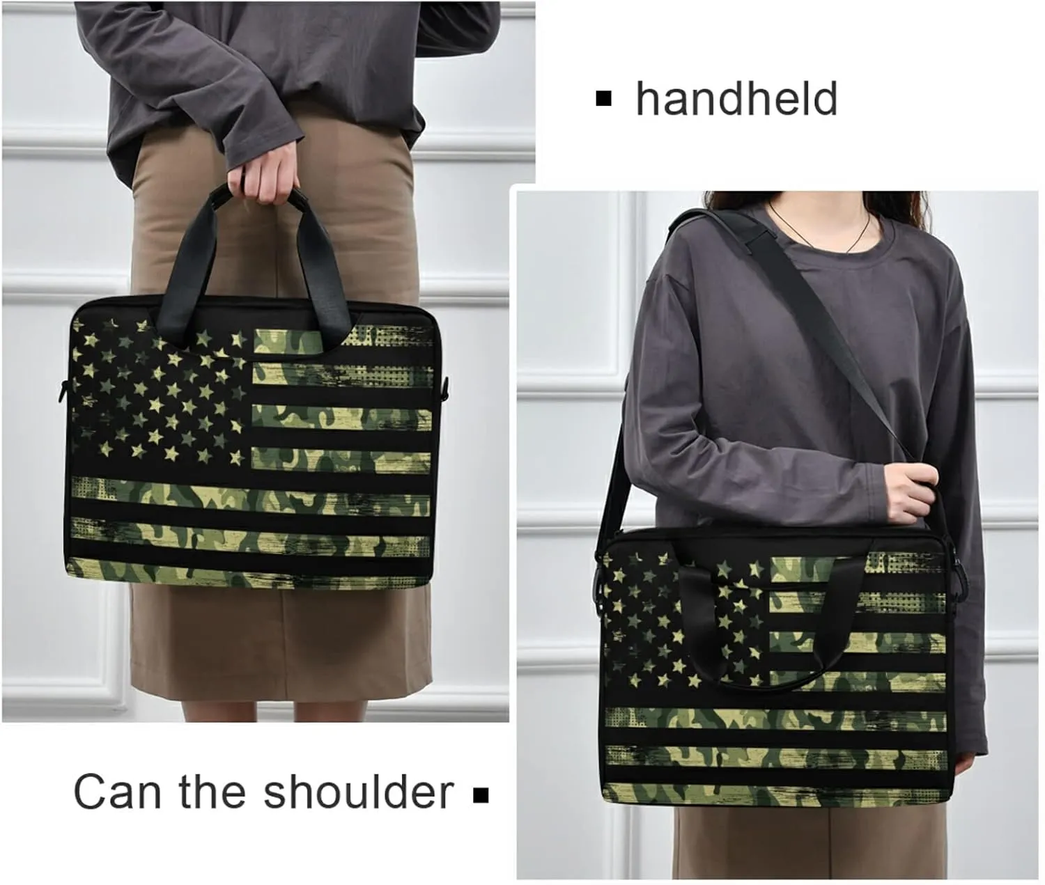 American Flag with Camouflage Grunge Laptop Bag Case 13 14 15.6 inch Laptop Messenger Bag Crossbody Briefcase for Men Women with Shoulder Strap Handle
