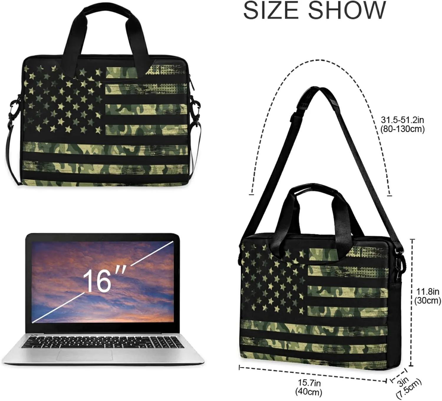 American Flag with Camouflage Grunge Laptop Bag Case 13 14 15.6 inch Laptop Messenger Bag Crossbody Briefcase for Men Women with Shoulder Strap Handle