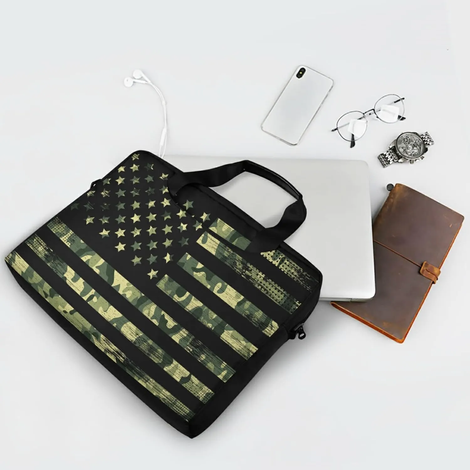 American Flag with Camouflage Grunge Laptop Bag Case 13 14 15.6 inch Laptop Messenger Bag Crossbody Briefcase for Men Women with Shoulder Strap Handle