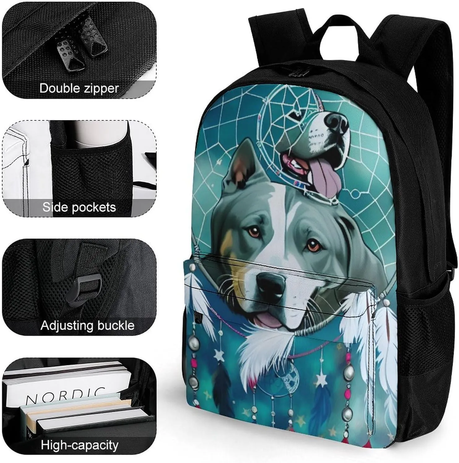 American Pit Bull Terrier Dog Dreamcatcher Art Daypack Backpack Polyester Multipurpose Anti-Theft Shoulder Bag Big Capacity Gym Outdoor Hiking Backpack With Smooth Zippers