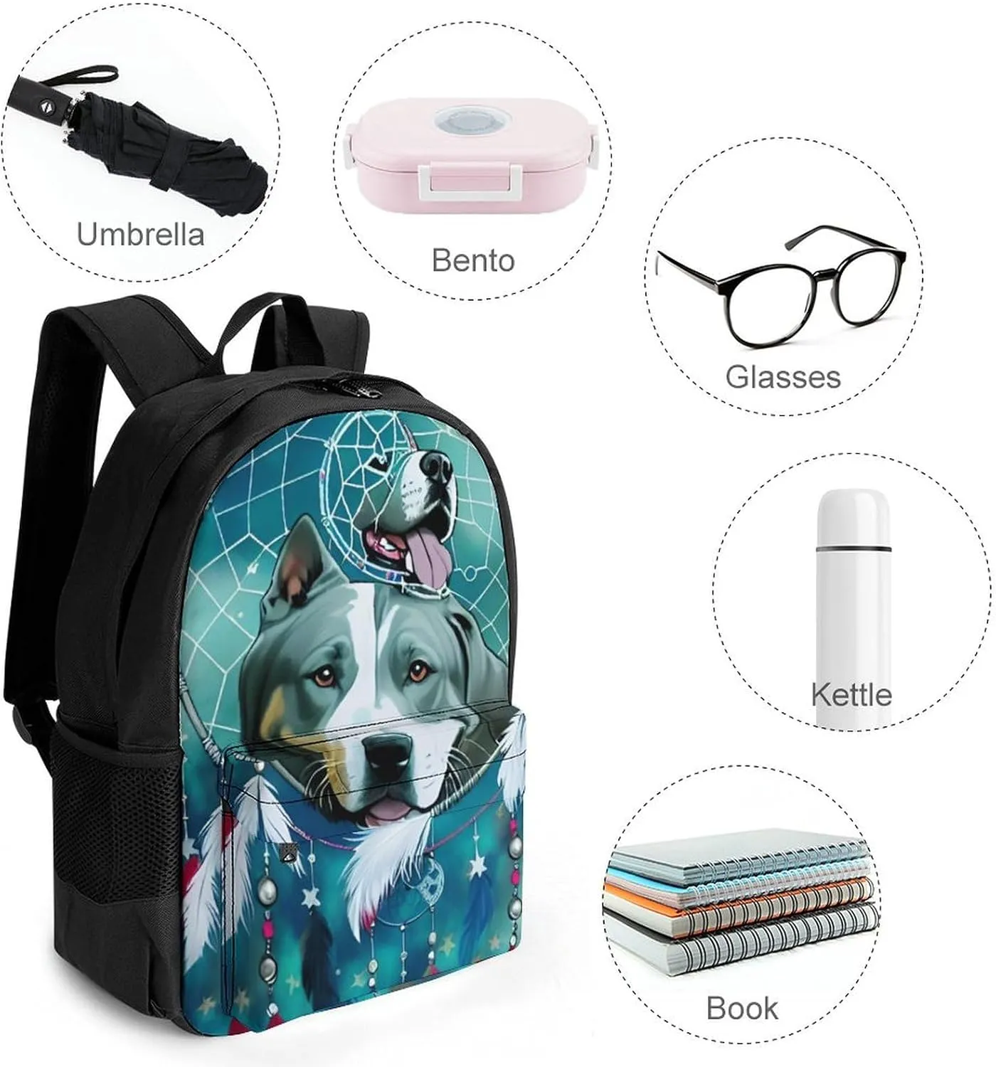 American Pit Bull Terrier Dog Dreamcatcher Art Daypack Backpack Polyester Multipurpose Anti-Theft Shoulder Bag Big Capacity Gym Outdoor Hiking Backpack With Smooth Zippers