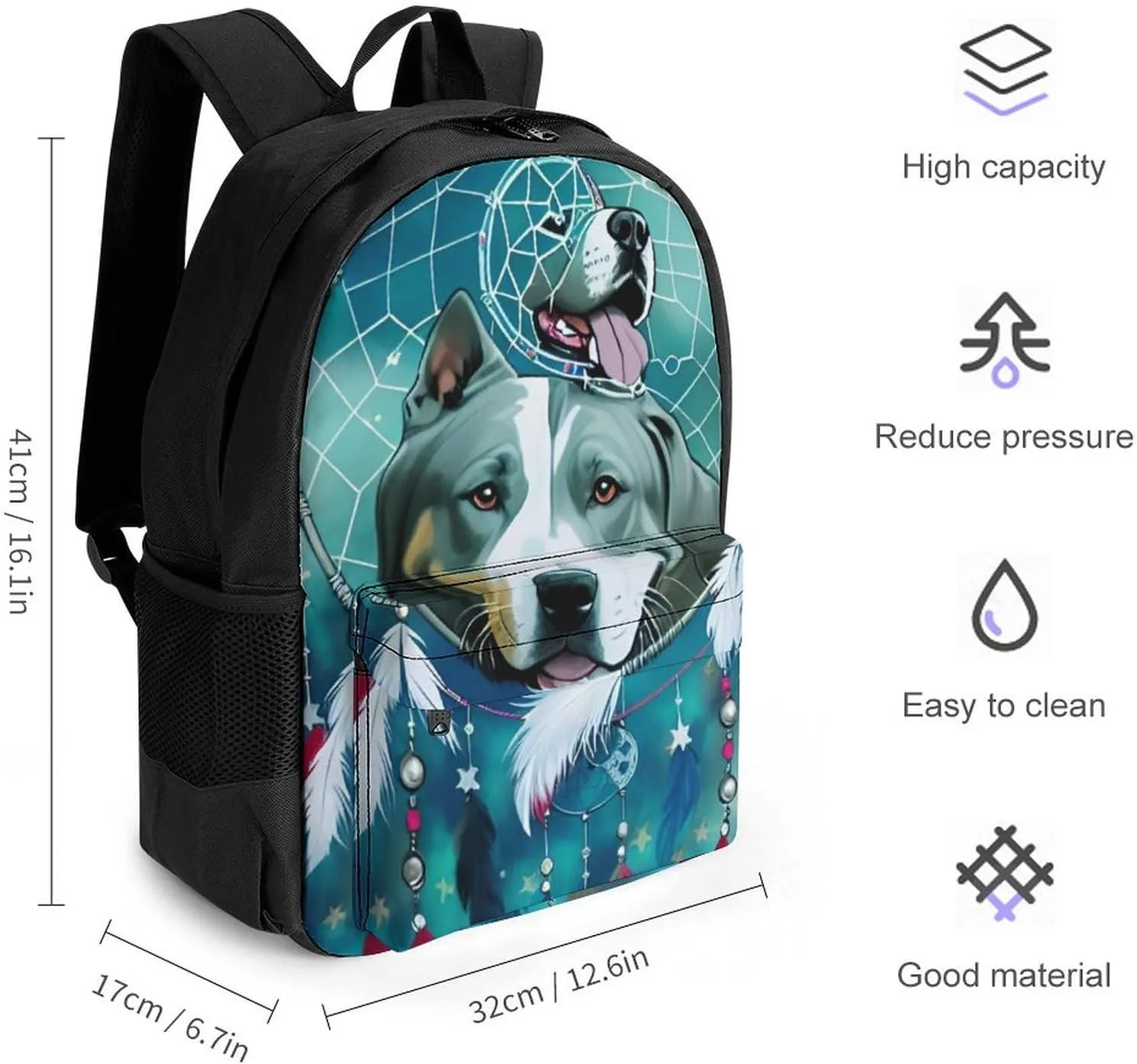 American Pit Bull Terrier Dog Dreamcatcher Art Daypack Backpack Polyester Multipurpose Anti-Theft Shoulder Bag Big Capacity Gym Outdoor Hiking Backpack With Smooth Zippers