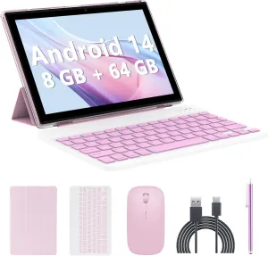 Android 14 Tablet, 10 inch 2 in 1 Tablets with Keyboard Mouse Case Stylus, 8GB 64GB 1TB Expand Tablet, 8MP Camera, IPS Touch Screen Tablet Computer, 5G WiFi, Bluetooth, Long Battery Life Tablet Pink