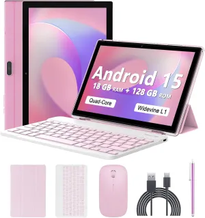 Android 15 Tablet 10 Inch, 18GB RAM 128GB ROM/2TB Expandable Tablet, 2 in 1 Tablets with Keyboard Case Mouse Stylus, 2.0GHz Quad-core CPU, 1280*800 IPS HD Screen, 5G WiFi6 BT 5.0, 8MP Camera Tablet PC