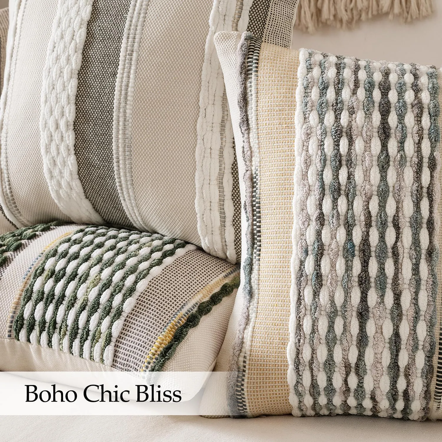 ANRODUO Pack of 2 Boho Decorative Throw Pillow Covers 18x18 Farmhouse Cushion Case Striped Chenille Pillow Cases Square Pillow Covers Accent Neutral Pillowcase for Sofa Couch Bed, Olive Green Stripe