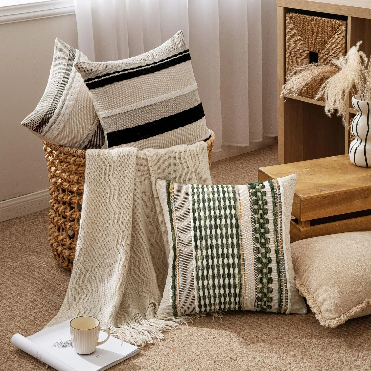 ANRODUO Pack of 2 Boho Decorative Throw Pillow Covers 18x18 Farmhouse Cushion Case Striped Chenille Pillow Cases Square Pillow Covers Accent Neutral Pillowcase for Sofa Couch Bed, Olive Green Stripe