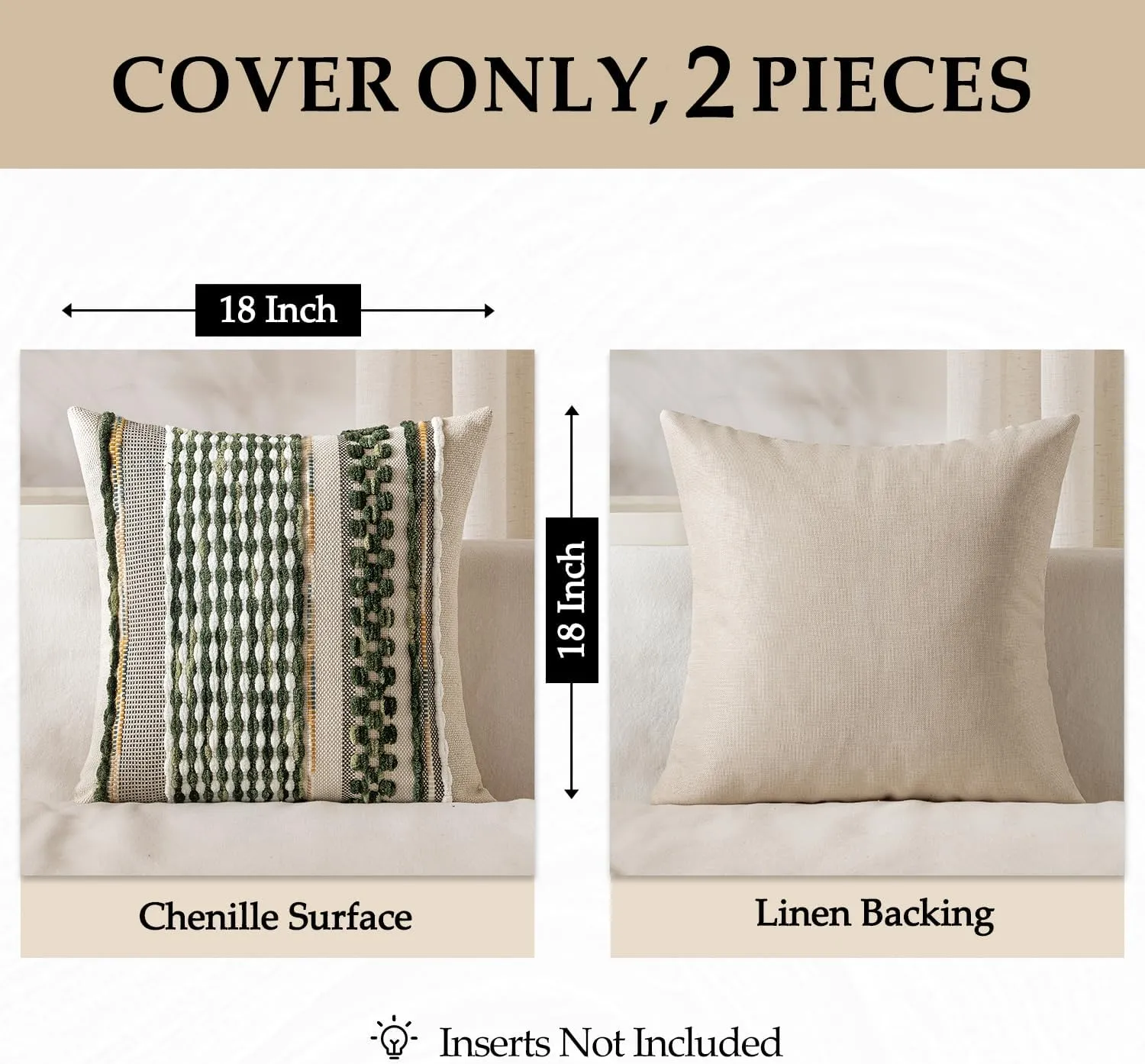 ANRODUO Pack of 2 Boho Decorative Throw Pillow Covers 18x18 Farmhouse Cushion Case Striped Chenille Pillow Cases Square Pillow Covers Accent Neutral Pillowcase for Sofa Couch Bed, Olive Green Stripe