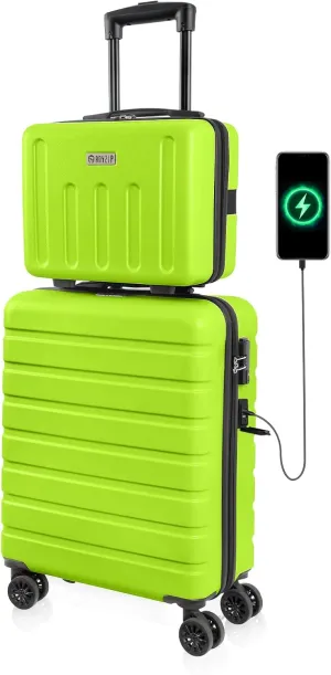 AnyZip 21" Carry On Luggage and 14" Mini Cosmetic Cases Luggage Set Hardside PC ABS Lightweight USB Suitcase with Wheels TSA (2-Piece Set (14/21),AppleGreen)