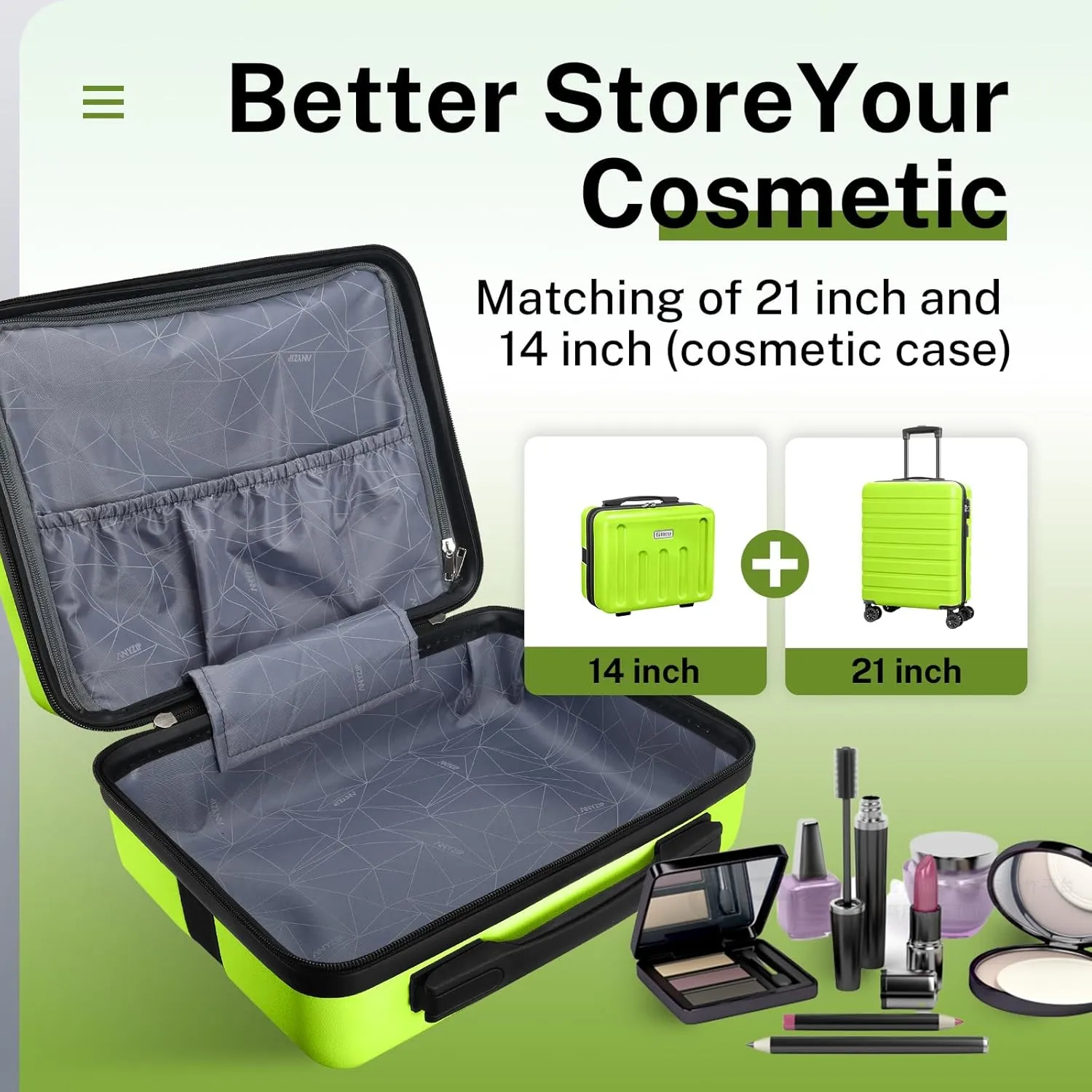 AnyZip 21" Carry On Luggage and 14" Mini Cosmetic Cases Luggage Set Hardside PC ABS Lightweight USB Suitcase with Wheels TSA (2-Piece Set (14/21),AppleGreen)