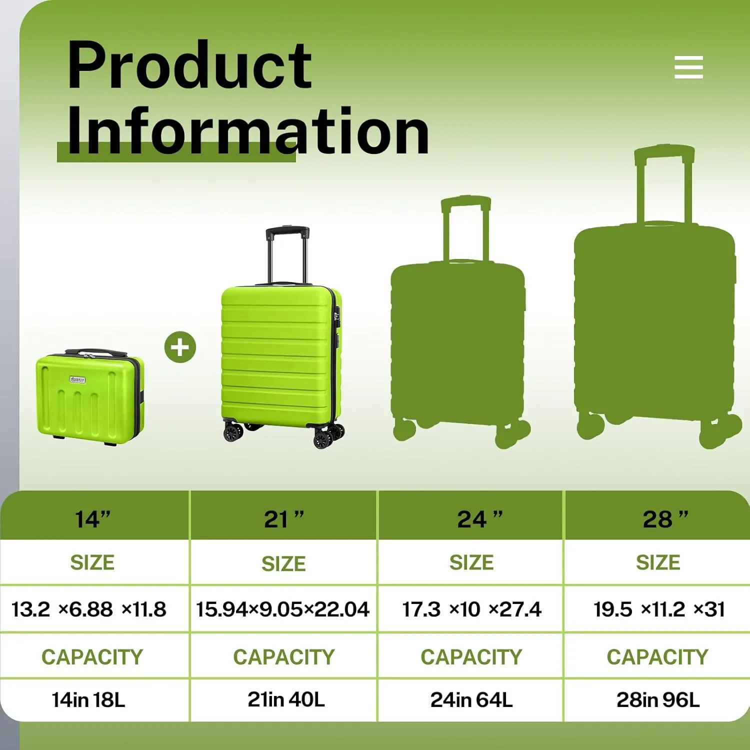 AnyZip 21" Carry On Luggage and 14" Mini Cosmetic Cases Luggage Set Hardside PC ABS Lightweight USB Suitcase with Wheels TSA (2-Piece Set (14/21),AppleGreen)