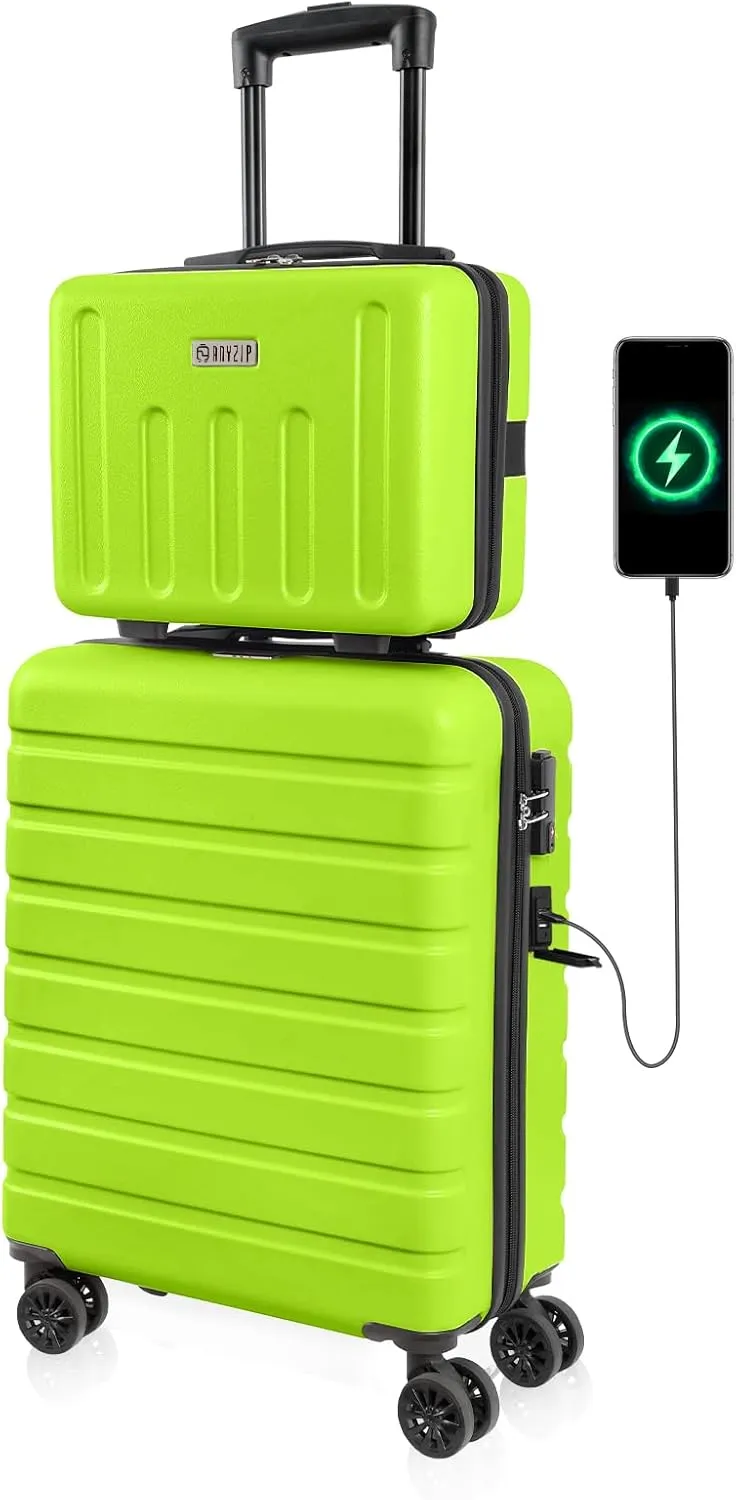 AnyZip 21" Carry On Luggage and 14" Mini Cosmetic Cases Luggage Set Hardside PC ABS Lightweight USB Suitcase with Wheels TSA (2-Piece Set (14/21),AppleGreen)