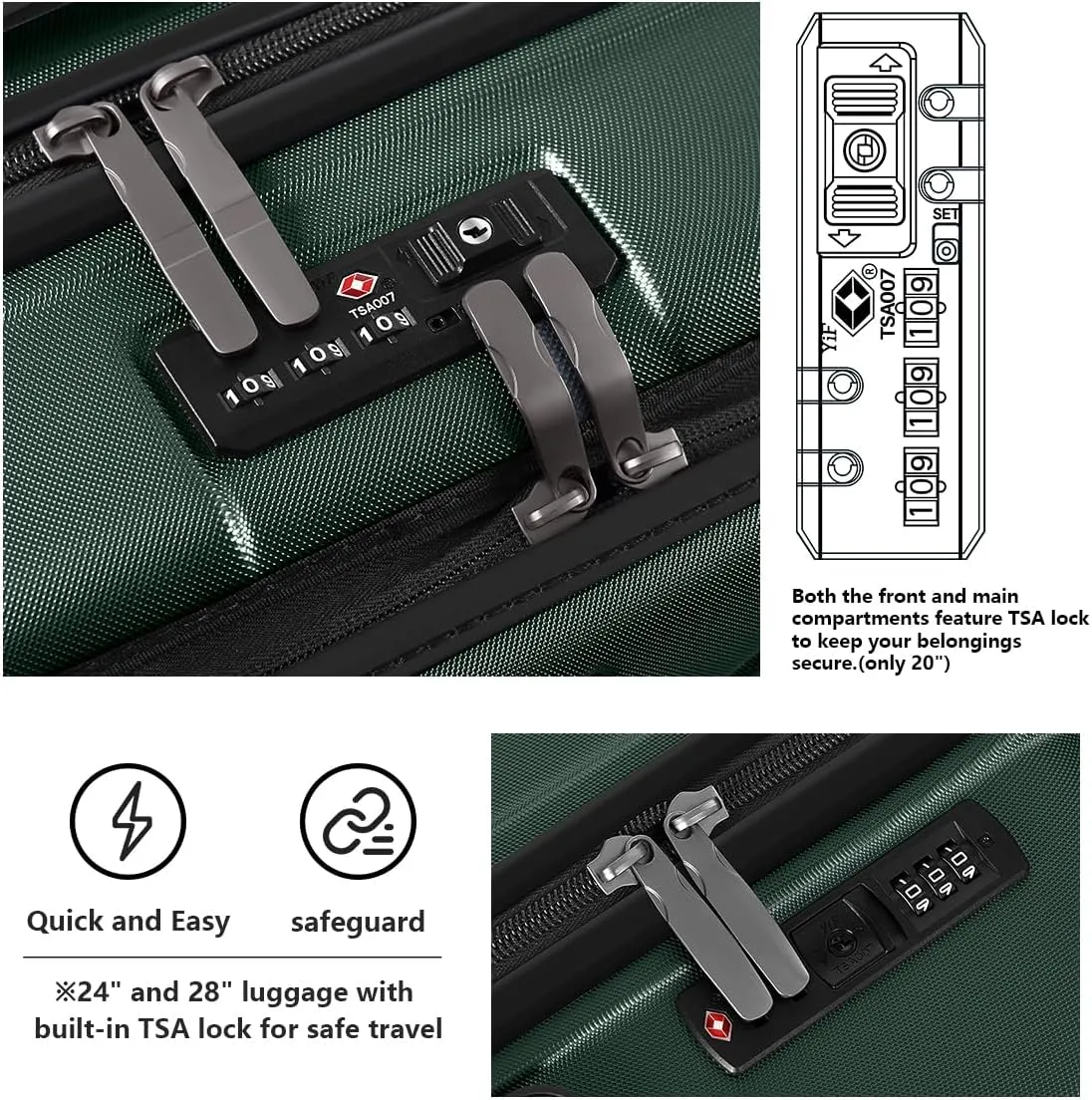 AnyZip Luggage Set 2 Piece Suitcase Set Carry On with Pocket Compartment ABS PC Spinner Wheels TSA Lock (Darkgreen, 2-piece)