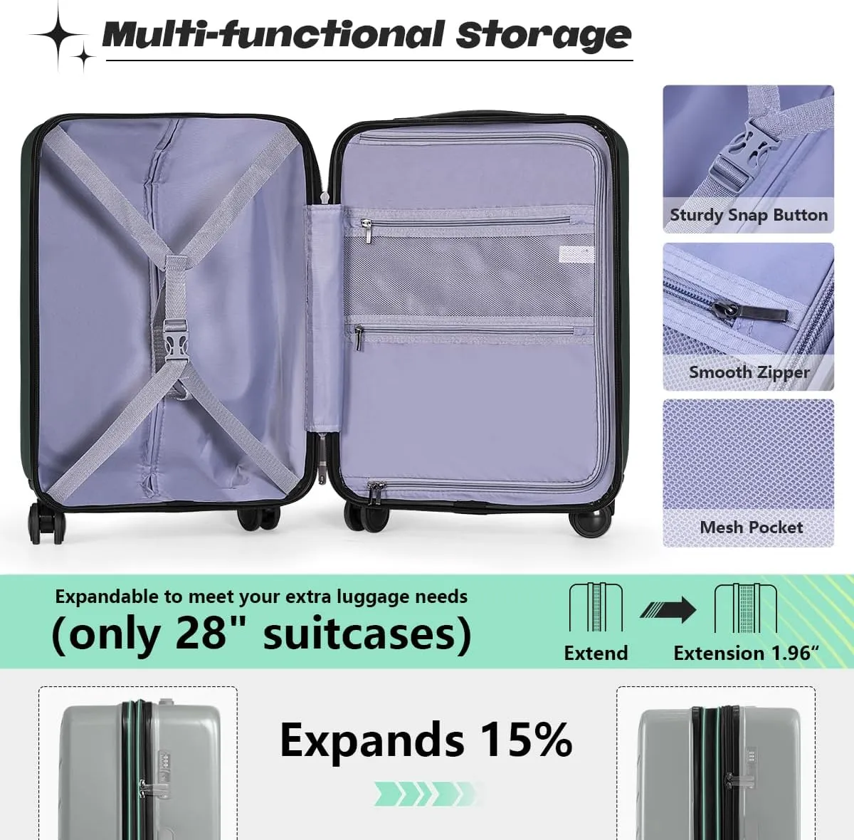 AnyZip Luggage Set 2 Piece Suitcase Set Carry On with Pocket Compartment ABS PC Spinner Wheels TSA Lock (Darkgreen, 2-piece)