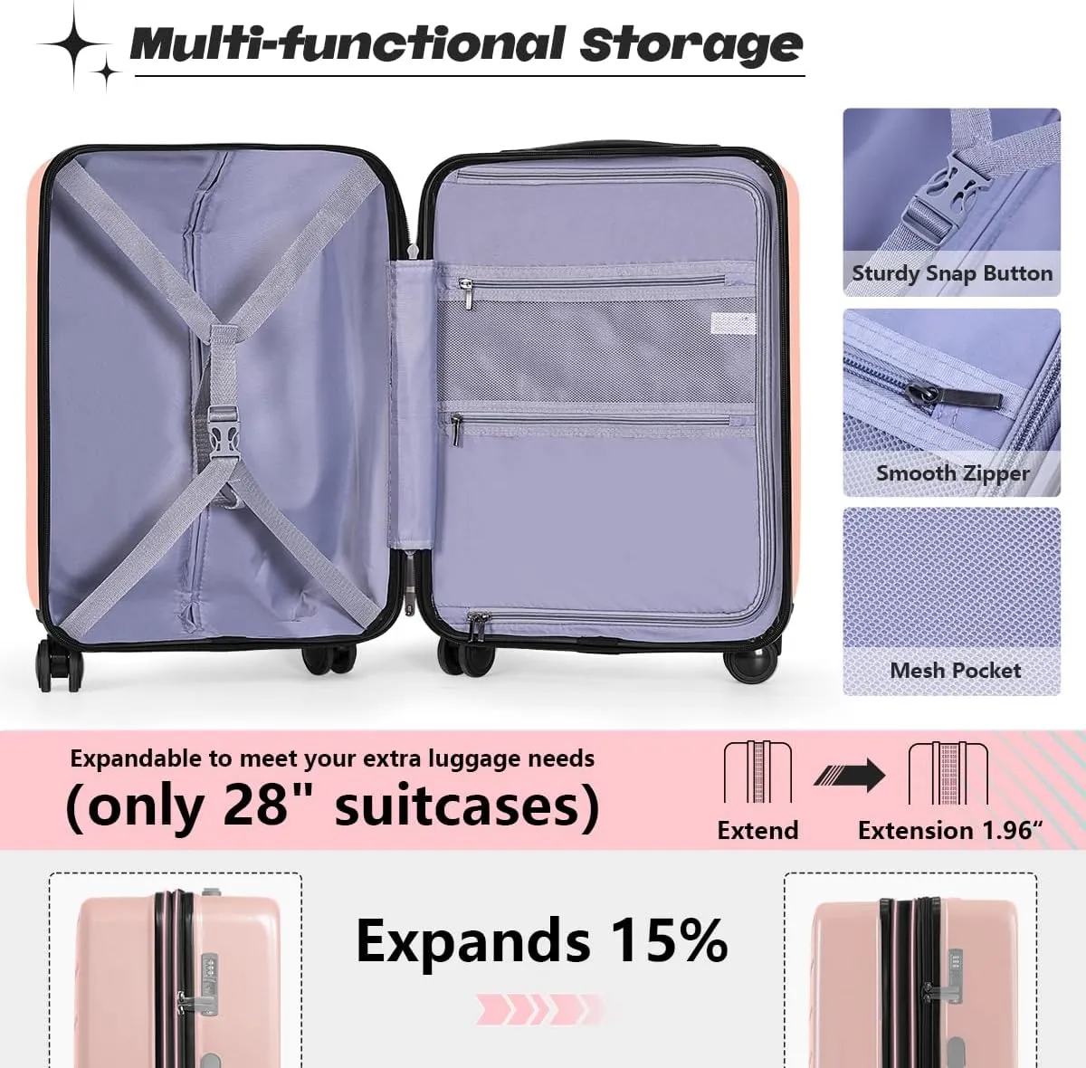 AnyZip Luggage Set 2 Piece Suitcase Set Carry On with Pocket Compartment ABS PC Spinner Wheels TSA Lock