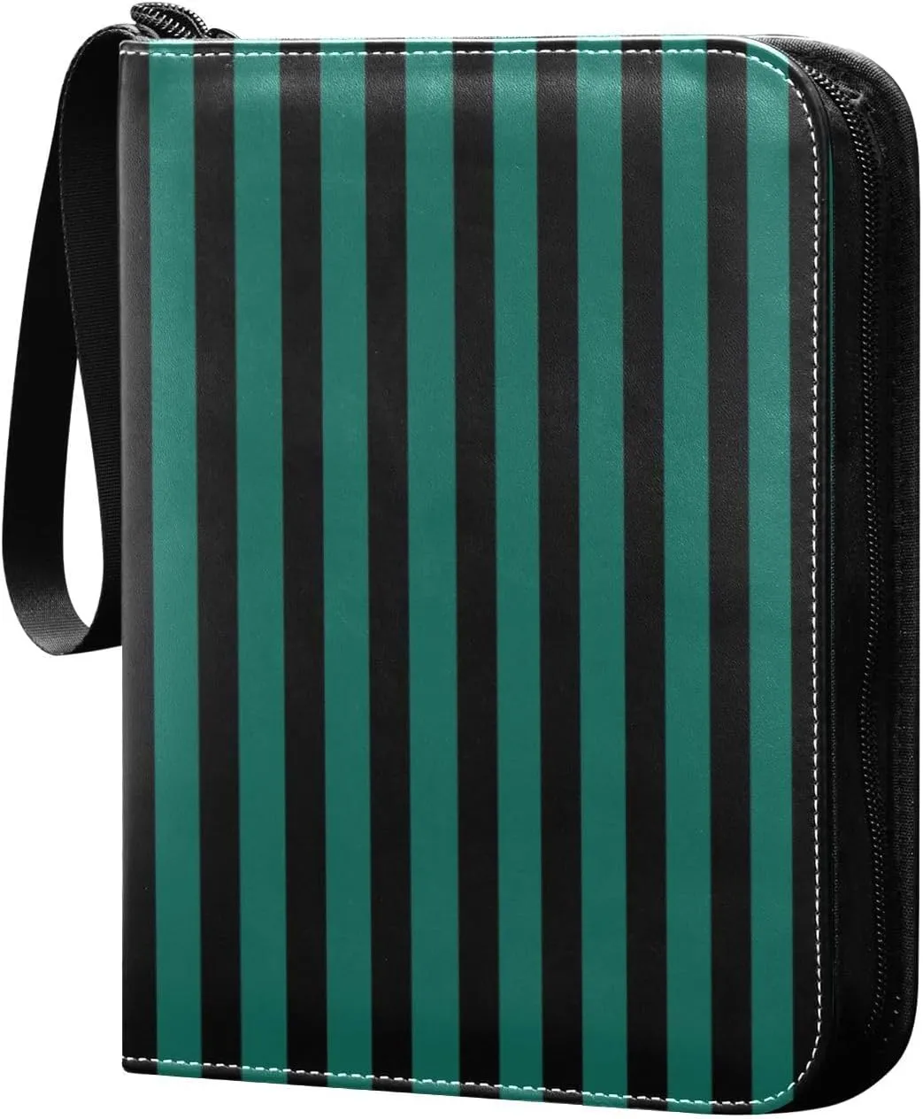 Aqua Green Black Stripes Card Binder 4 Pocket Trading Card Album Fits 400 Sports/Game Cards, PU Cover 3 Ring Card Collection with 50 Removable Sleeves