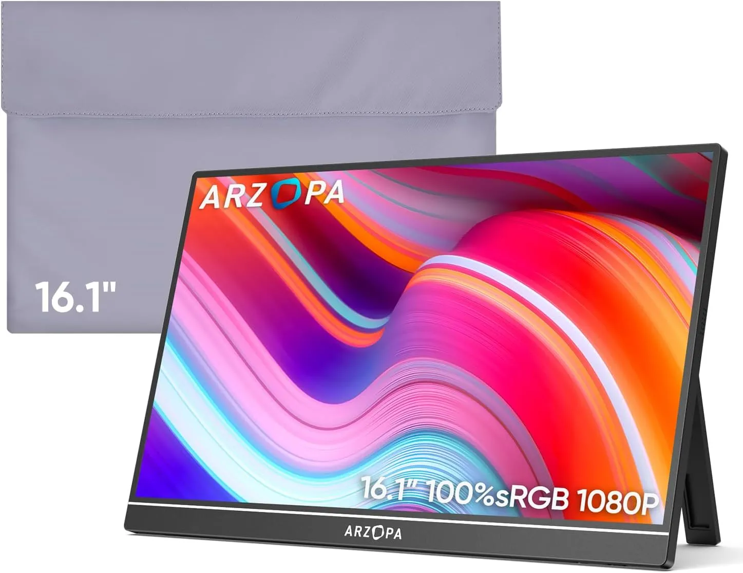 ARZOPA Portable Monitor & Sleeve, 16.1'' 100% sRGB FHD Laptop Monitor & Portable Monitor PU Sleeve Bag Combination