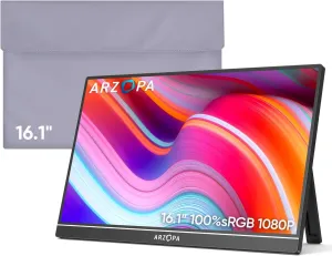 ARZOPA Portable Monitor & Sleeve, 16.1'' 100% sRGB FHD Laptop Monitor & Portable Monitor PU Sleeve Bag Combination