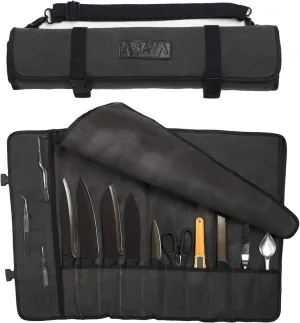 Asaya Canvas Chef Knife Roll Bag - 10 Knife Slots and a Large Zipper Pocket - Durable 10oz Canvas Knife Case with an Adjustable Shoulder Strap - Knives not Included