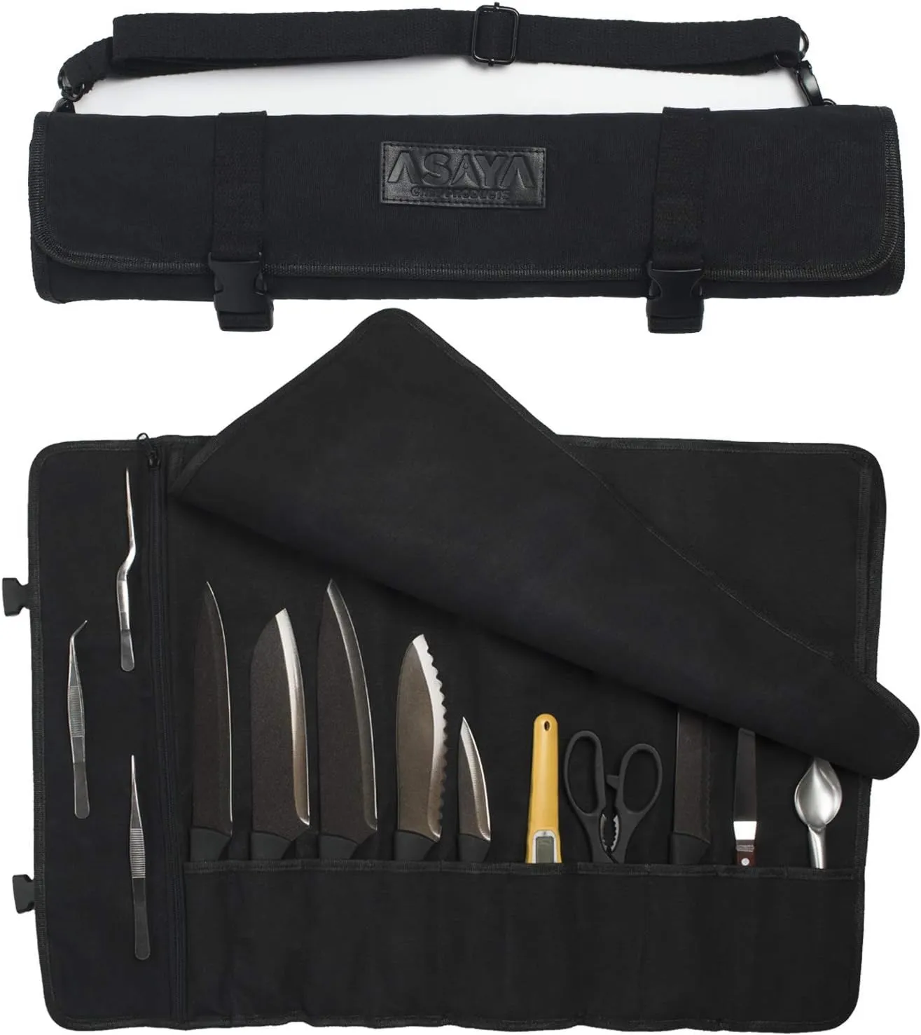 Asaya Canvas Chef Knife Roll Bag - 10 Knife Slots and a Large Zipper Pocket - Durable 10oz Canvas Knife Case with an Adjustable Shoulder Strap - Knives not Included
