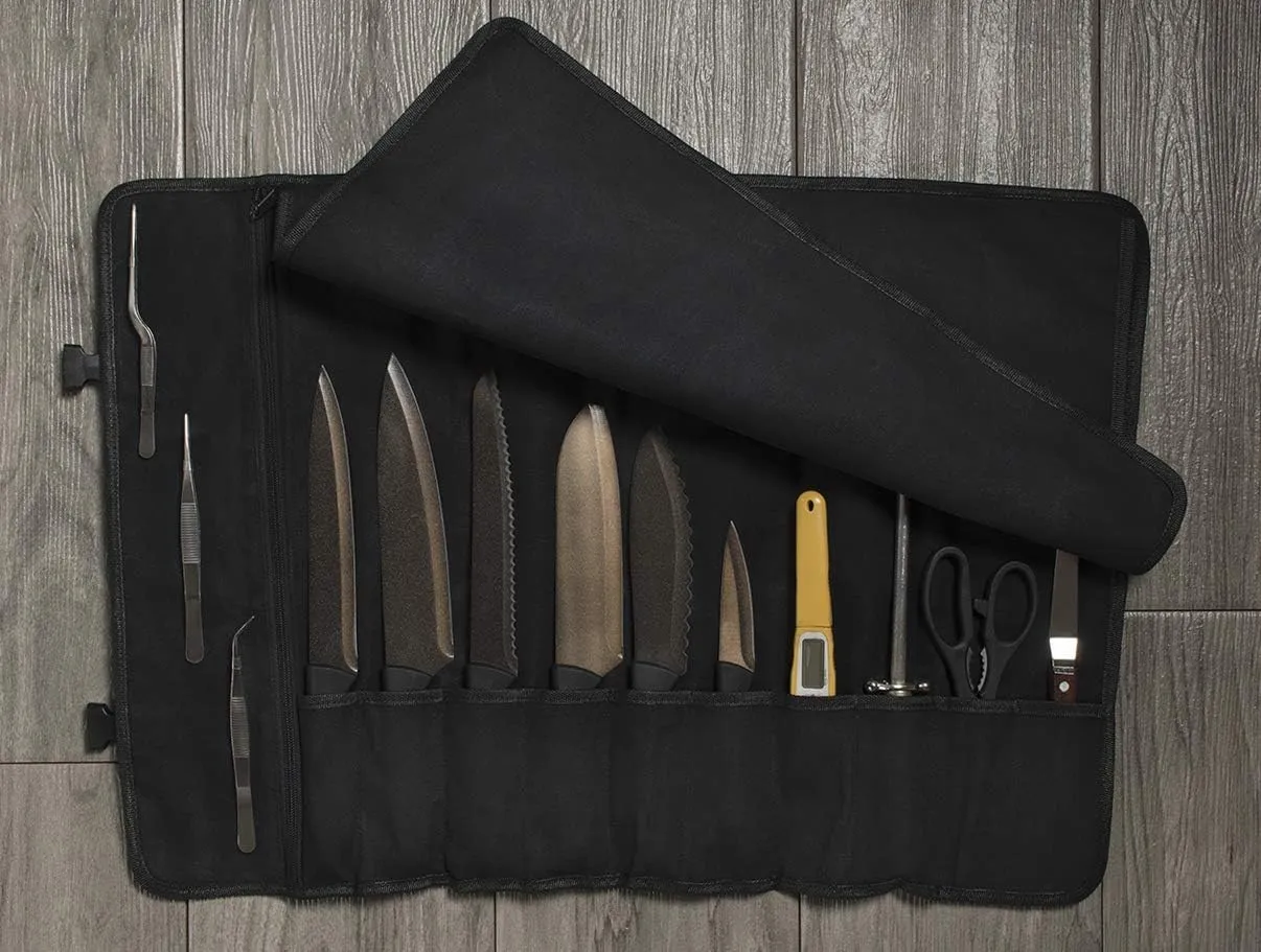 Asaya Canvas Chef Knife Roll Bag - 10 Knife Slots and a Large Zipper Pocket - Durable 10oz Canvas Knife Case with an Adjustable Shoulder Strap - Knives not Included