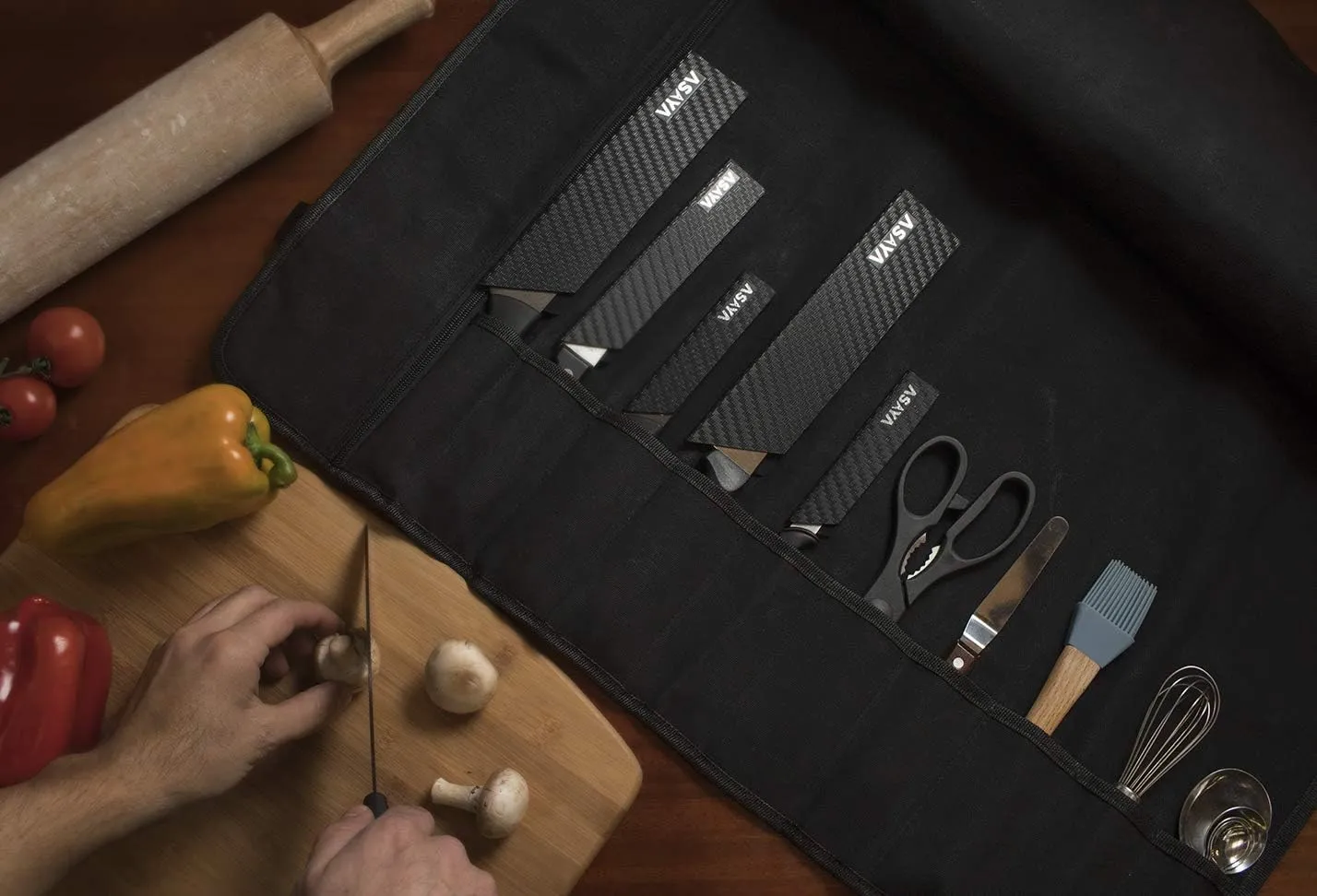 Asaya Canvas Chef Knife Roll Bag - 10 Knife Slots and a Large Zipper Pocket - Durable 10oz Canvas Knife Case with an Adjustable Shoulder Strap - Knives not Included