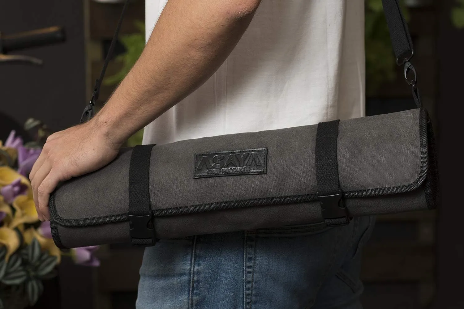 Asaya Canvas Chef Knife Roll Bag - 10 Knife Slots and a Large Zipper Pocket - Durable 10oz Canvas Knife Case with an Adjustable Shoulder Strap - Knives not Included