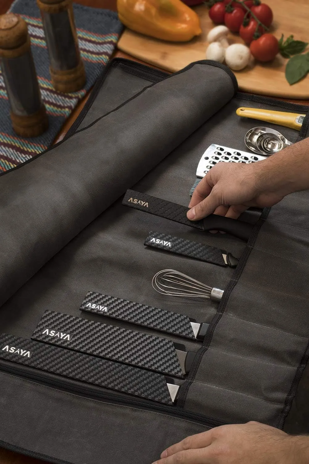 Asaya Canvas Chef Knife Roll Bag - 10 Knife Slots and a Large Zipper Pocket - Durable 10oz Canvas Knife Case with an Adjustable Shoulder Strap - Knives not Included