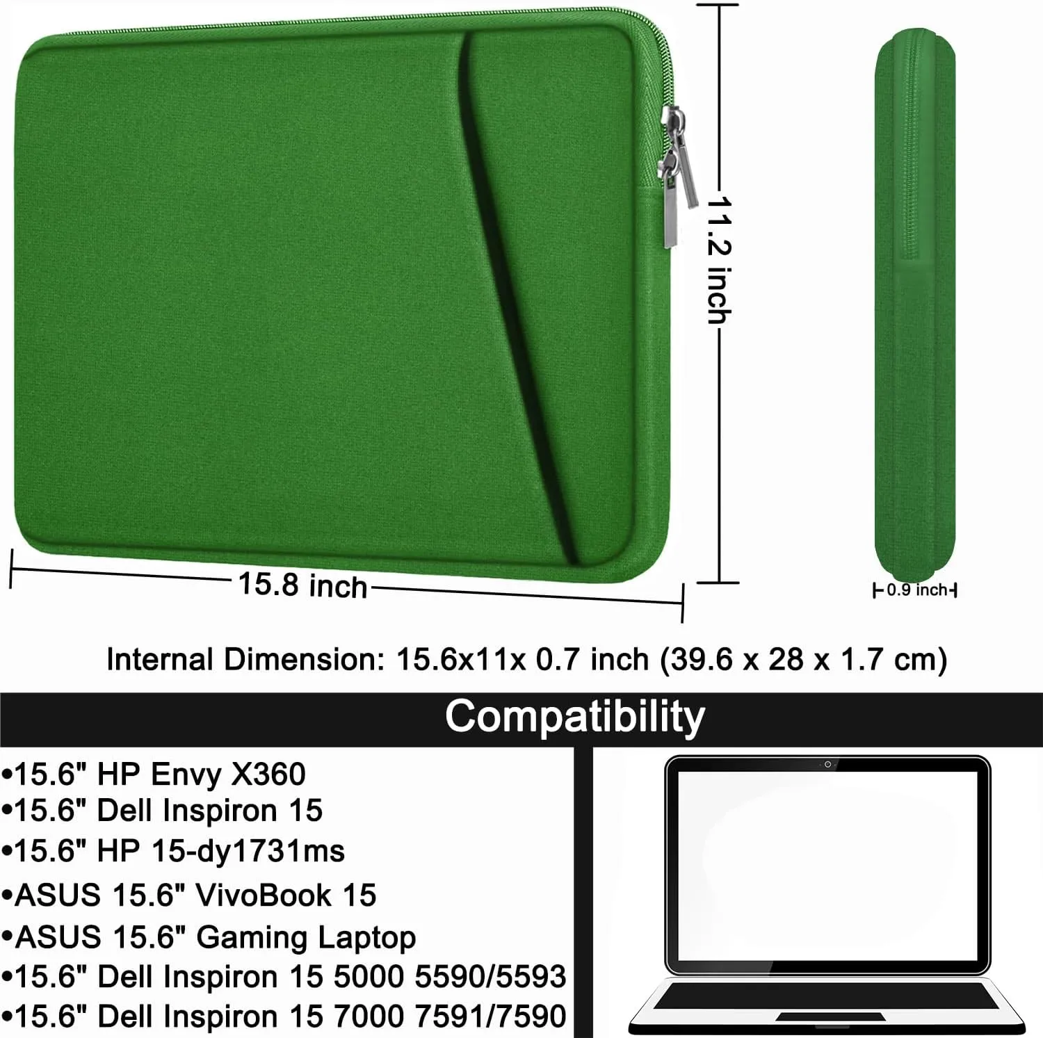 Askuko Laptop Sleeve 15.6 inch, Shockproof Protective Computer Case, Handbags Portable Laptop Bag for HP Dell Asus Lenovo Notebook Computer with Front Pocket, Dark Green