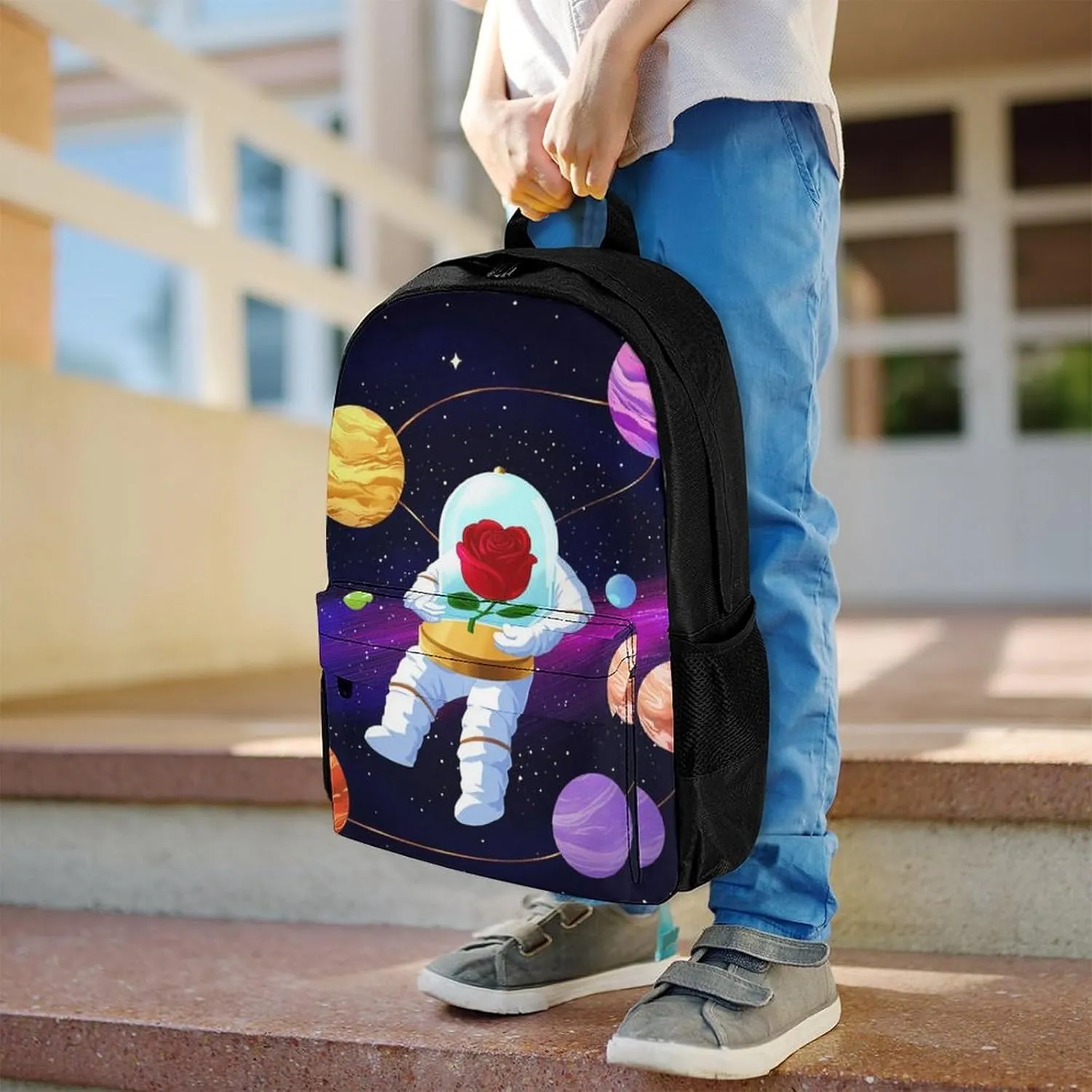Astronaut Starry Sky Roses Colorful Planet Art Rucksacks Lightweight Multipurpose Anti-Theft Shoulder Bag Big Capacity Laptop Book Bag Rucksack With Padded Straps