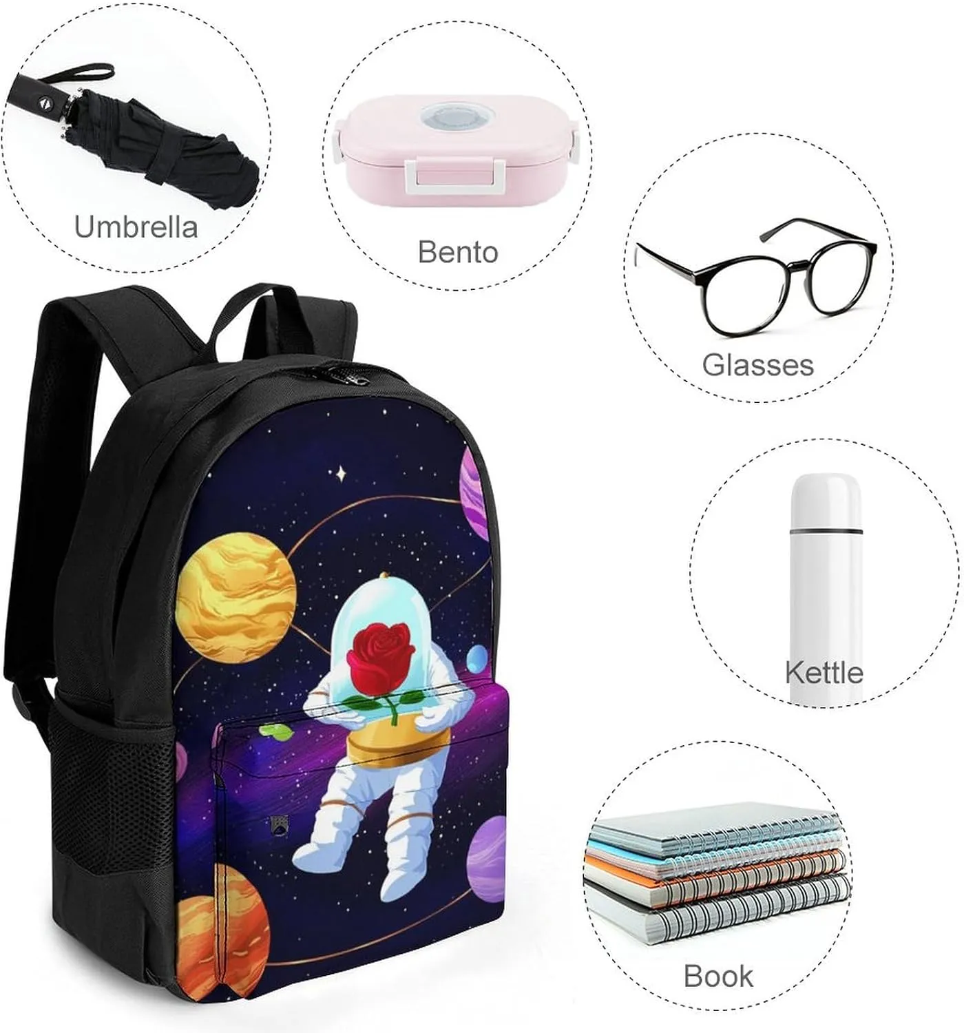 Astronaut Starry Sky Roses Colorful Planet Art Rucksacks Lightweight Multipurpose Anti-Theft Shoulder Bag Big Capacity Laptop Book Bag Rucksack With Padded Straps