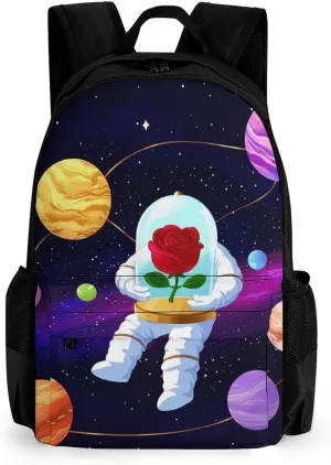Astronaut Starry Sky Roses Colorful Planet Art Rucksacks Lightweight Multipurpose Anti-Theft Shoulder Bag Big Capacity Laptop Book Bag Rucksack With Padded Straps
