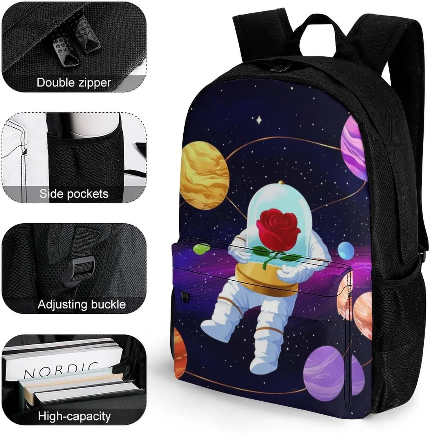 Astronaut Starry Sky Roses Colorful Planet Art Rucksacks Lightweight Multipurpose Anti-Theft Shoulder Bag Big Capacity Laptop Book Bag Rucksack With Padded Straps