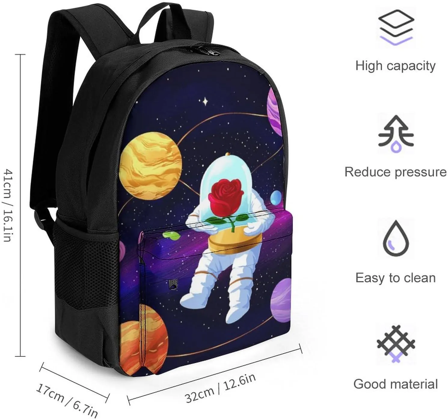 Astronaut Starry Sky Roses Colorful Planet Art Rucksacks Lightweight Multipurpose Anti-Theft Shoulder Bag Big Capacity Laptop Book Bag Rucksack With Padded Straps