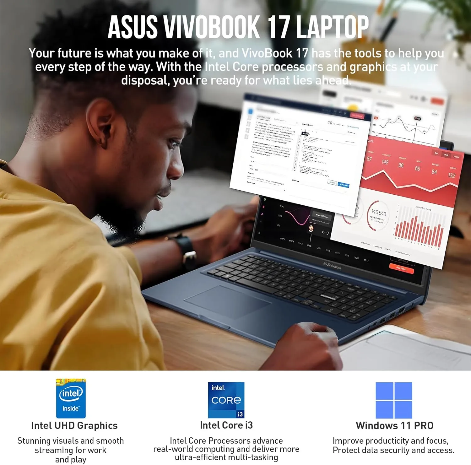 ASUS Vivobook 17 Laptop Computer, 17.3 Inch Laptop FHD, Intel Core i3 (6-Cores), 40GB RAM,1TB SSD 512GB Docking Set, Windows 11 Pro Lifetime Office, 10-Key Number Pad, Quite Blue
