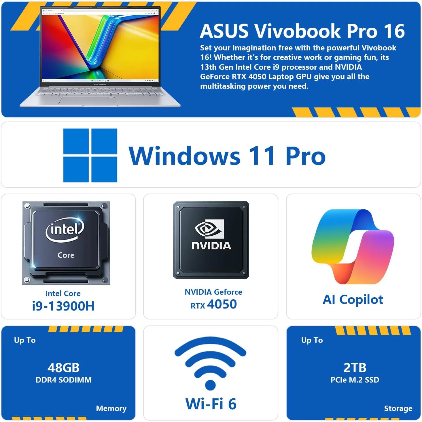 ASUS Vivobook Pro AI Copilot Business Laptop, 16" FHD , Intel Core i9-13900H, GeForce RTX 4050, 32GB RAM, 2TB SSD, Wi-Fi 6, Win 11 P, Silver, Bundle with PCO Notebook Folding Radiator, Laptop Cooler