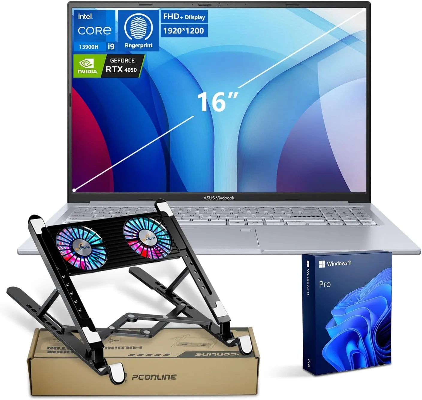 ASUS Vivobook Pro AI Copilot Business Laptop, 16" FHD , Intel Core i9-13900H, GeForce RTX 4050, 32GB RAM, 2TB SSD, Wi-Fi 6, Win 11 P, Silver, Bundle with PCO Notebook Folding Radiator, Laptop Cooler