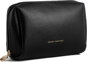Aveniee Travel Makeup Bag Small, Vegan Leather Pouches Cosmetic Case for Women, Cute Make Up Bag Organizer for Purse, Toiletry Bag for Travel Car Accessories with Divider & Gold Zippers (Black)