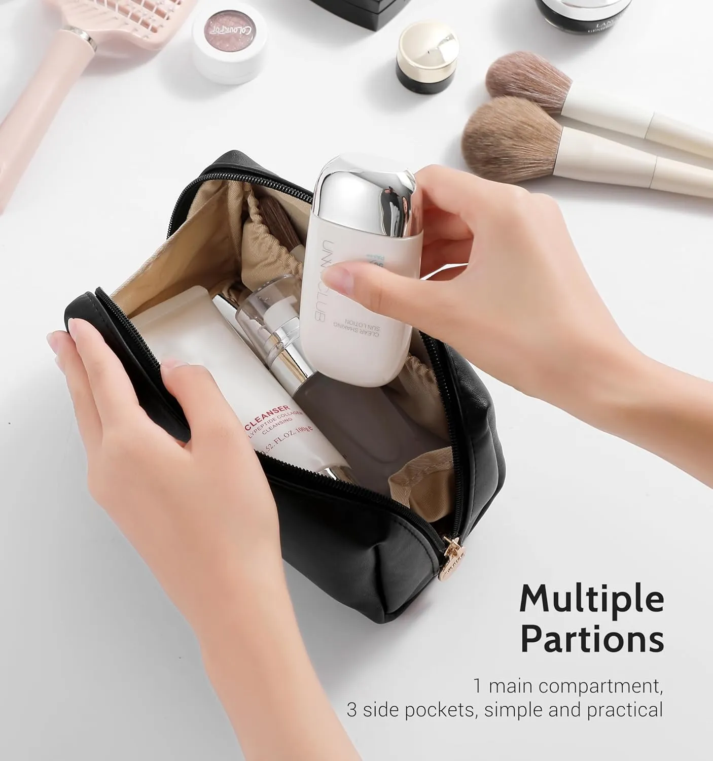Aveniee Travel Makeup Bag Small, Vegan Leather Pouches Cosmetic Case for Women, Cute Make Up Bag Organizer for Purse, Toiletry Bag for Travel Car Accessories with Divider & Gold Zippers (Black)
