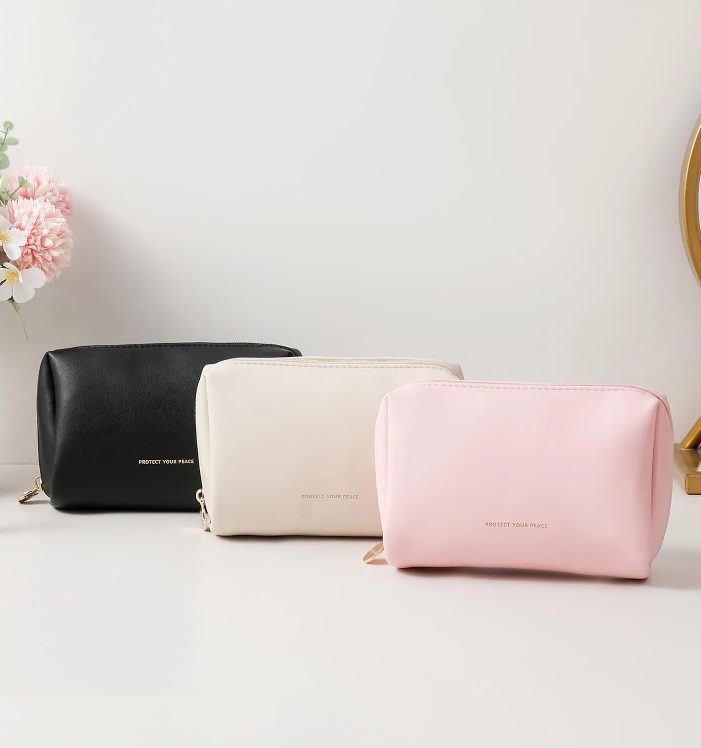 Aveniee Travel Makeup Bag Small, Vegan Leather Pouches Cosmetic Case for Women, Cute Make Up Bag Organizer for Purse, Toiletry Bag for Travel Car Accessories with Divider & Gold Zippers (Black)