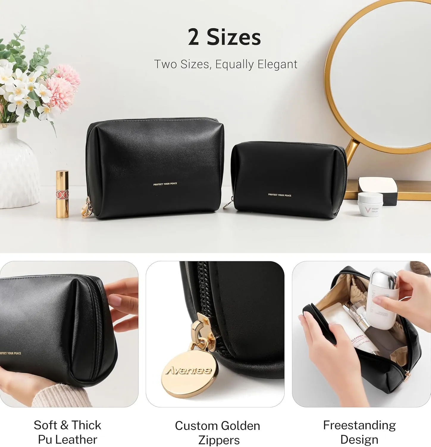 Aveniee Travel Makeup Bag Small, Vegan Leather Pouches Cosmetic Case for Women, Cute Make Up Bag Organizer for Purse, Toiletry Bag for Travel Car Accessories with Divider & Gold Zippers (Black)