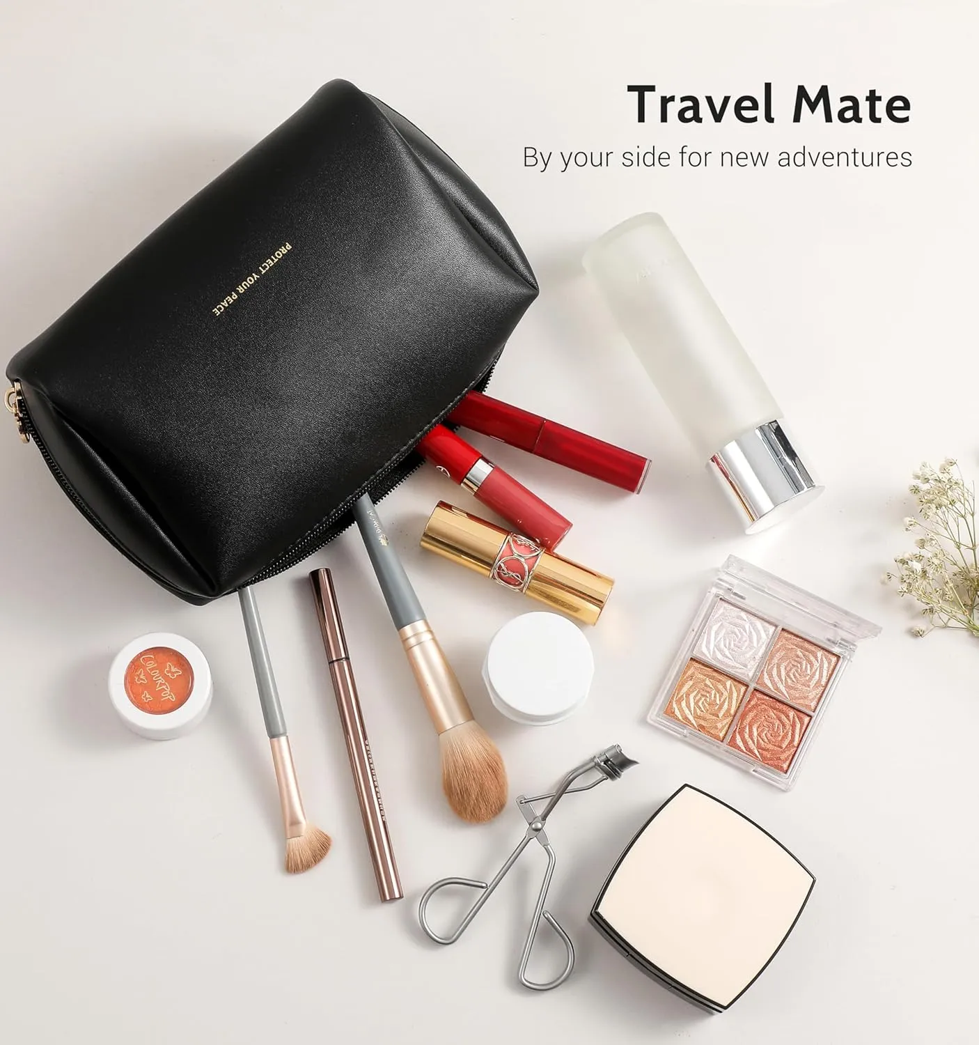 Aveniee Travel Makeup Bag Small, Vegan Leather Pouches Cosmetic Case for Women, Cute Make Up Bag Organizer for Purse, Toiletry Bag for Travel Car Accessories with Divider & Gold Zippers (Black)