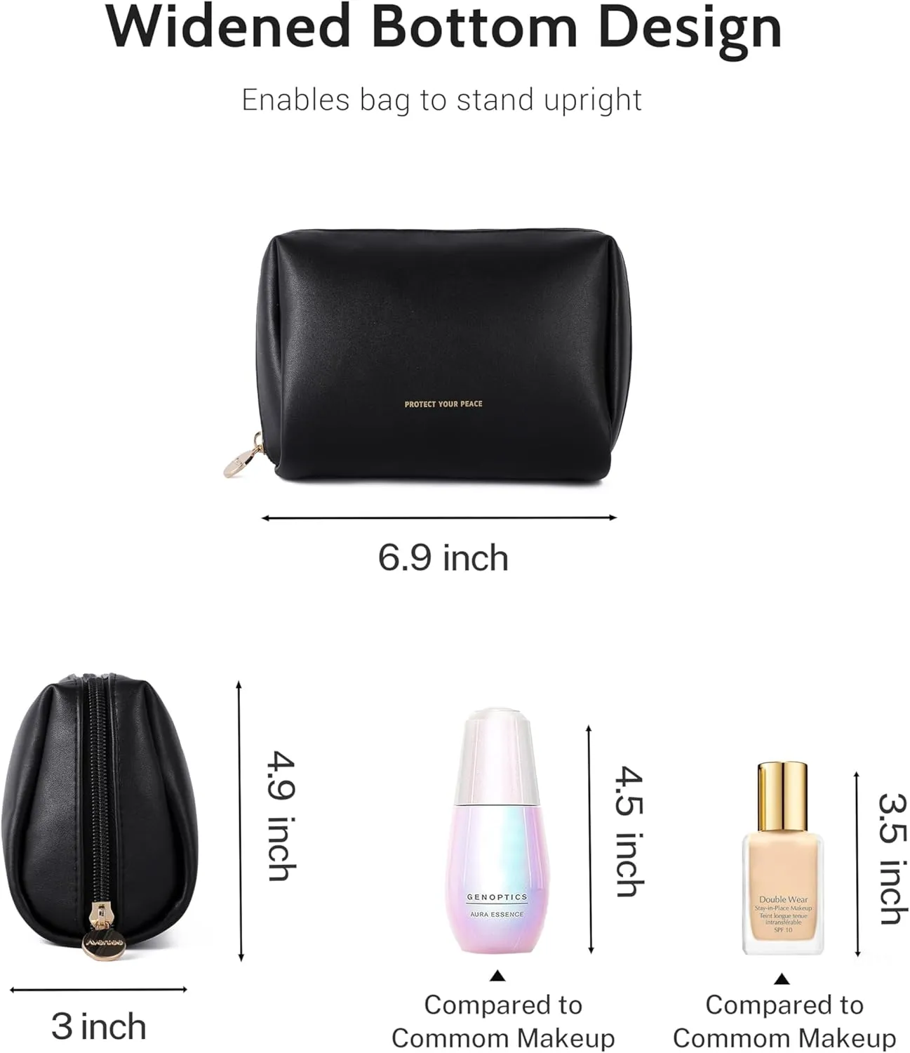 Aveniee Travel Makeup Bag Small, Vegan Leather Pouches Cosmetic Case for Women, Cute Make Up Bag Organizer for Purse, Toiletry Bag for Travel Car Accessories with Divider & Gold Zippers (Black)