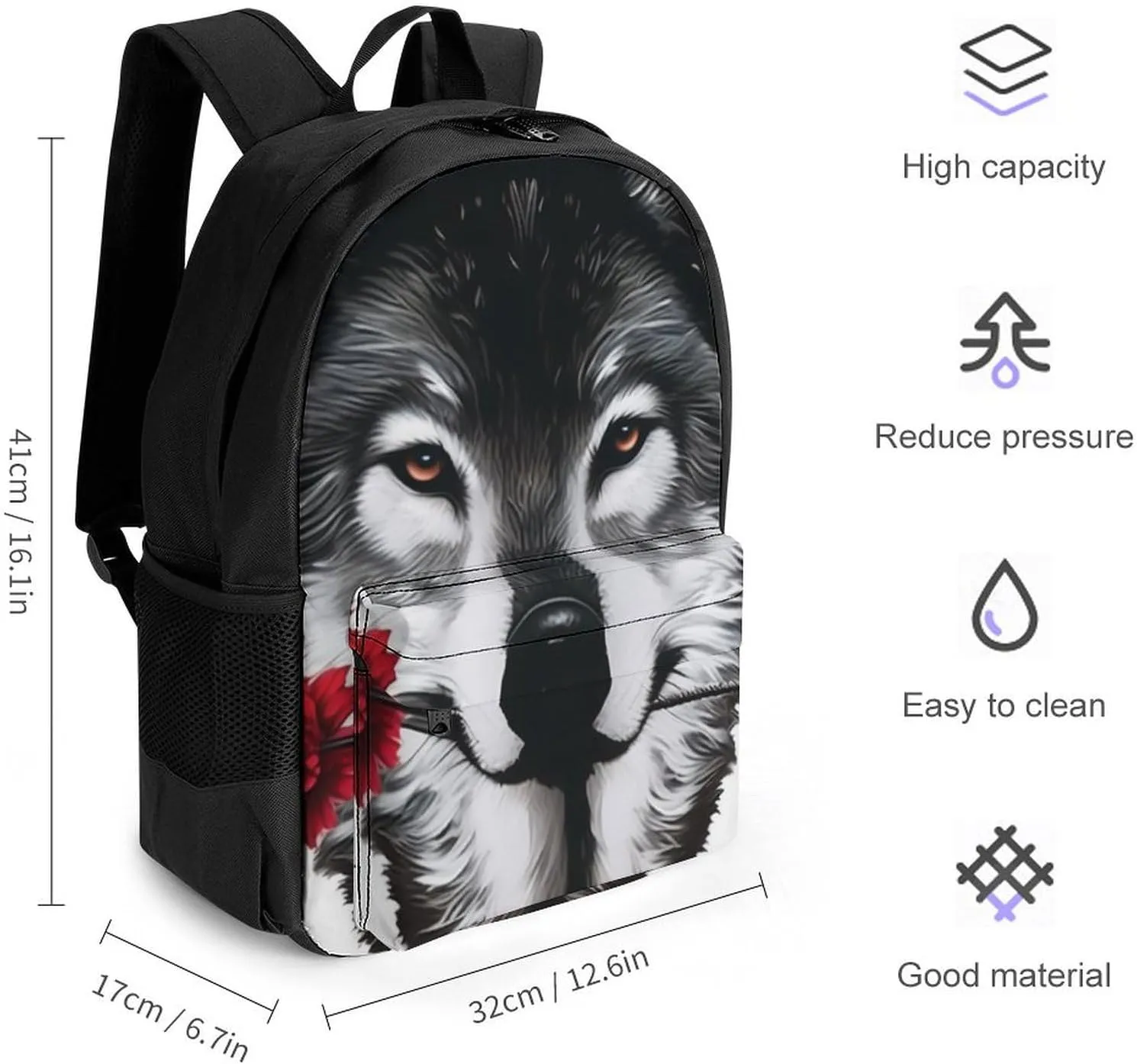 Awesome Wolf Rose Art Rucksacks Lightweight Multipurpose Anti-Theft Shoulder Bag Big Capacity Laptop Book Bag Rucksack With Padded Straps