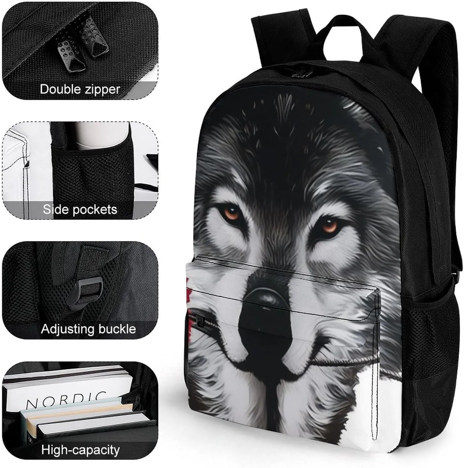 Awesome Wolf Rose Art Rucksacks Lightweight Multipurpose Anti-Theft Shoulder Bag Big Capacity Laptop Book Bag Rucksack With Padded Straps